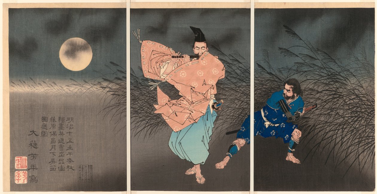 Fujiwara no Yasumasa grający na flecie w świetle księżyca autorstwa Tsukioka Yoshitoshi
