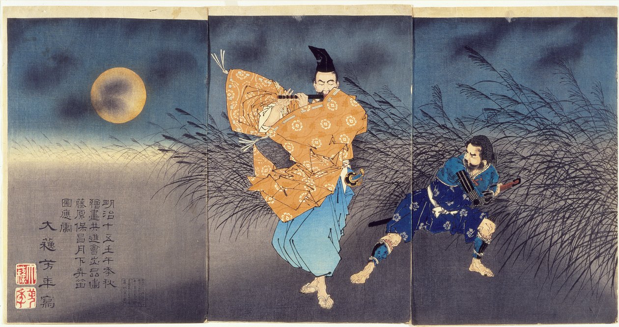 Fujiwara no Yasumasa grający na flecie w świetle księżyca autorstwa Tsukioka Yoshitoshi