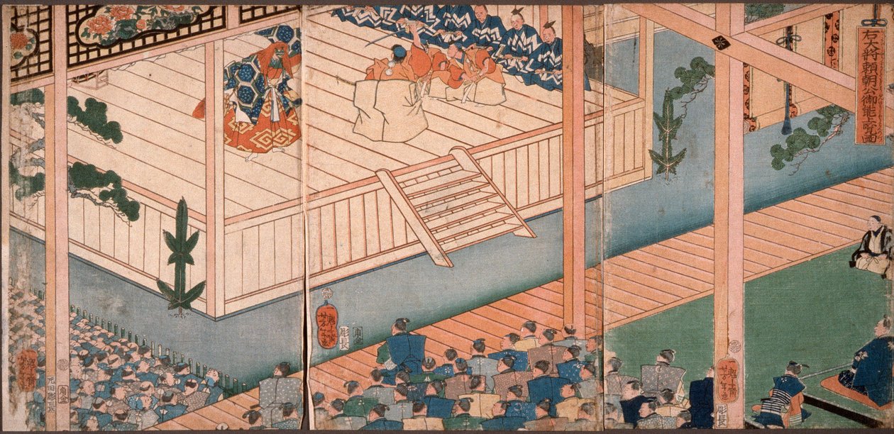 Generał prawej strony, lord Yoritomo, ogląda specjalne przedstawienie nō autorstwa Tsukioka Yoshitoshi
