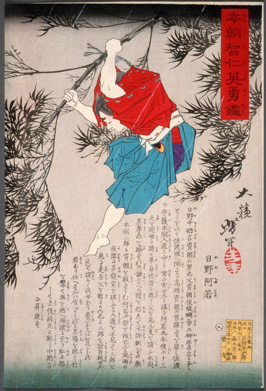 Hino Kumawaka skaczący z bambusa autorstwa Tsukioka Yoshitoshi