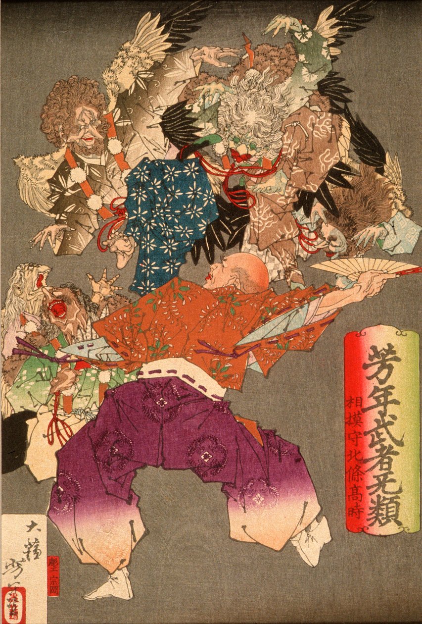 Hōjō Takatoki, władca Sagami, odpierający tengu za pomocą wachlarza autorstwa Tsukioka Yoshitoshi