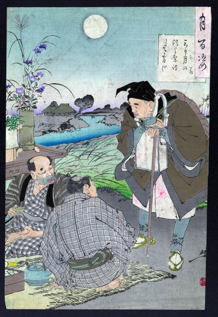 Japoński poeta Basho Matsuo rozmawia z dwoma mężczyznami autorstwa Tsukioka Yoshitoshi