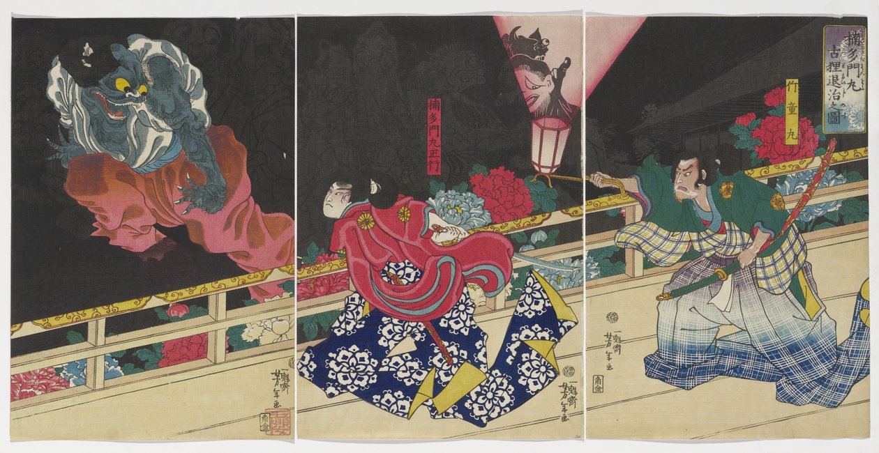 Obraz Kusunoki Tamonmaru podbijający starego borsuka, 1860 autorstwa Tsukioka Yoshitoshi