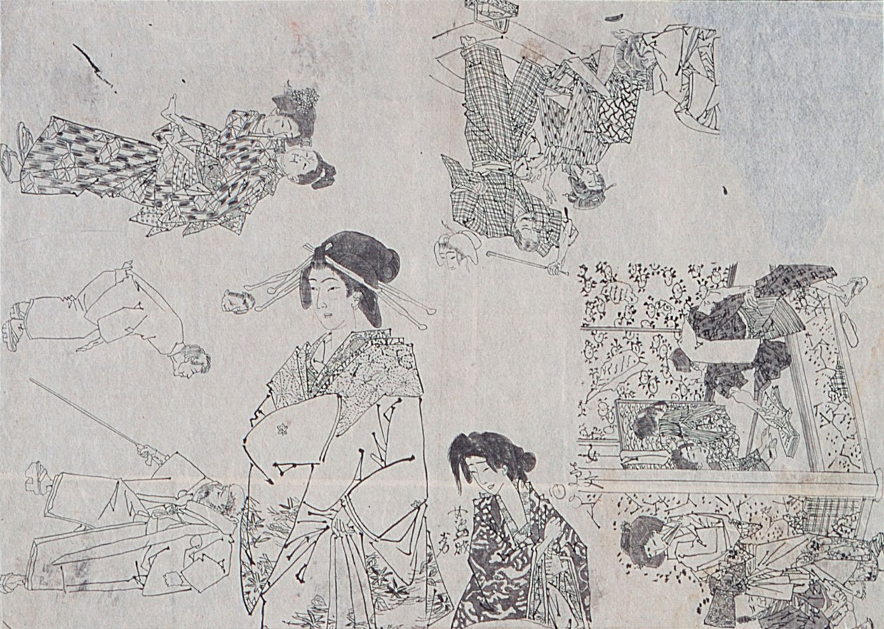 Rysunki przygotowawcze do ilustracji melodramatów autorstwa Tsukioka Yoshitoshi