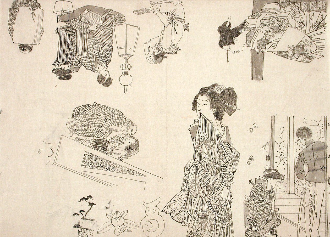 Rysunki przygotowawcze do ilustracji melodramatów autorstwa Tsukioka Yoshitoshi