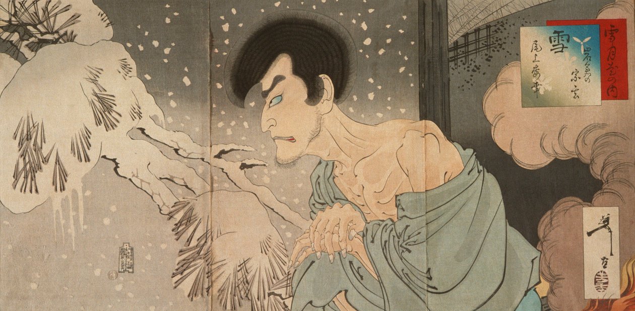 Śnieg: aktor Onoe Baikō V jako Iwakura no Sōgen autorstwa Tsukioka Yoshitoshi