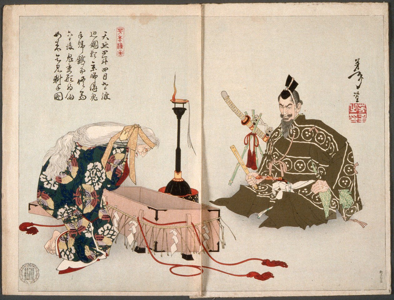 Demon z Rashōmon odwiedza Watanabe no Tsuna przebrany za starą kobietę, aby odzyskać swoją odciętą rękę autorstwa Tsukioka Yoshitoshi