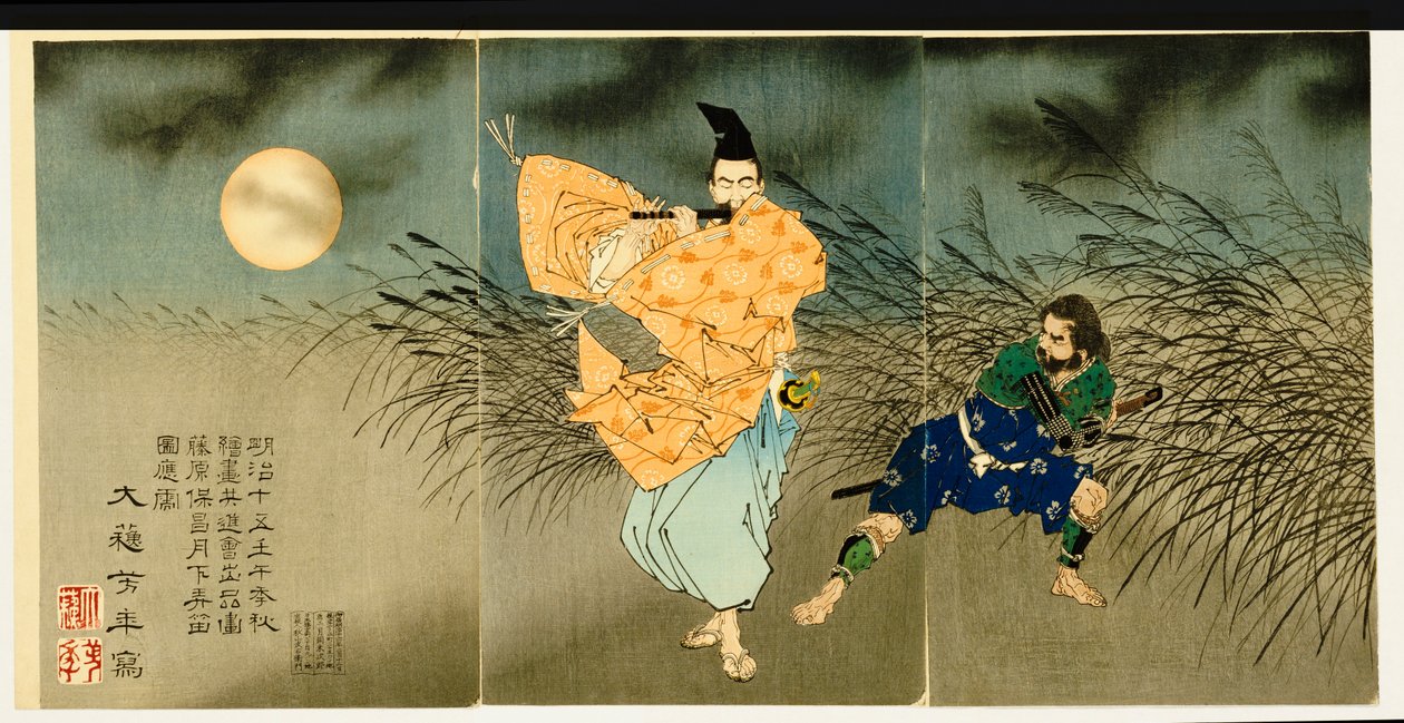 Tryptyk "Fujiwara No Yasumasa gra na flecie przy świetle księżyca", 1883 autorstwa Tsukioka Yoshitoshi
