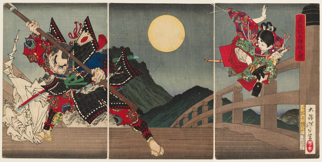 Yoshitsune i Benkei na moście Gojō autorstwa Tsukioka Yoshitoshi