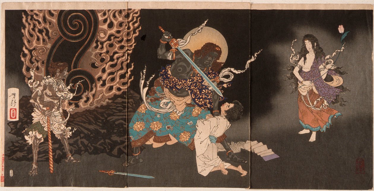 Yūten połykający miecz Fudō autorstwa Tsukioka Yoshitoshi