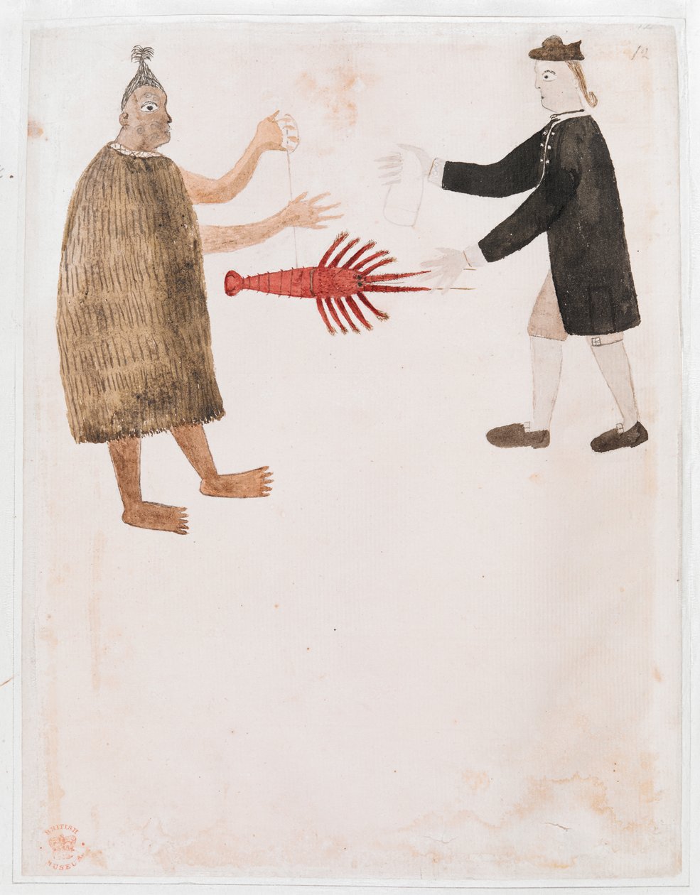 Dodaj MS 15508 [Rysunek nr 12] Maorys handlujący rakami z angielskim oficerem marynarki wojennej, „Rysunki ilustrujące pierwszy rejs kapitana Cooka” autorstwa Tupaia Tupaia