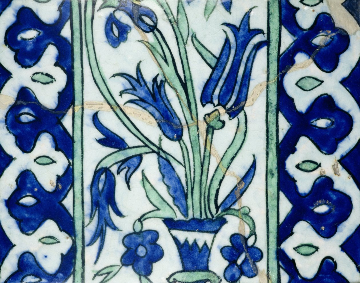 Płytka Isnik z wazonem z kwiatami i bordiurami (ceramiczna z kolorową glazurą) autorstwa Turkish School