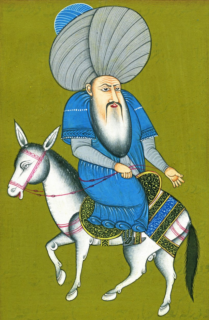 Nasreddin Hodja jadący na koniu do tyłu (akwarela na papierze) autorstwa Turkish School