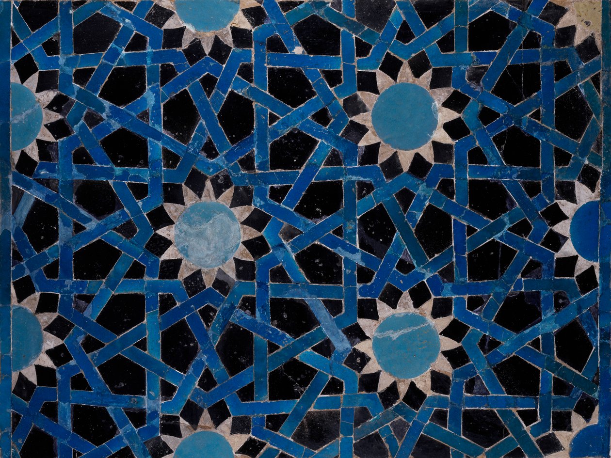 Panel z fajansu ozdobiony motywami geometrycznymi z Konyi, Turcji, cywilizacji seldżuckiej autorstwa Turkish School