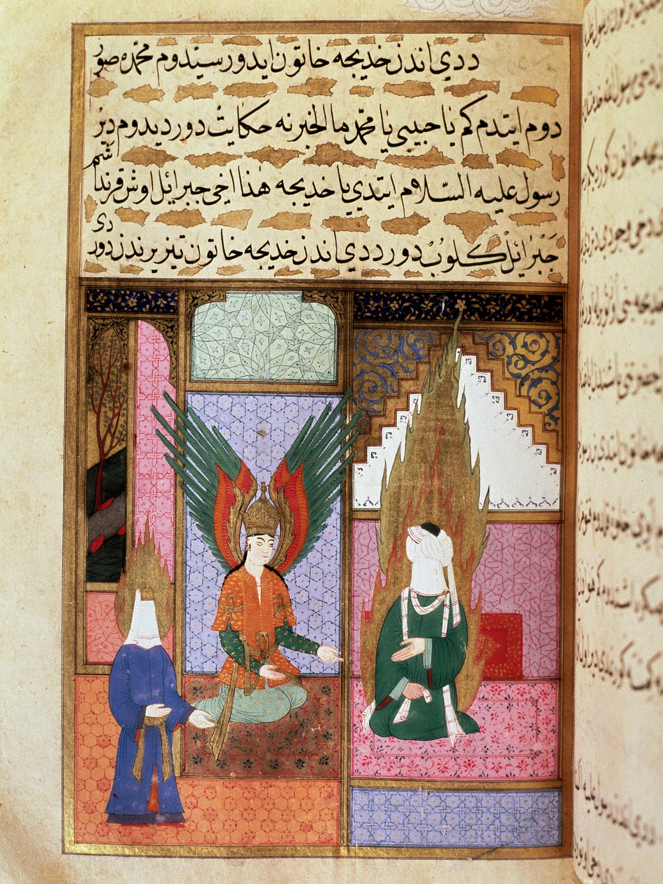 Anioł Śmierci prosi Proroka Mahometa (Muhammada lub Mahometa) (570-632) (zakryta twarz) o pozwolenie na zabranie jego żony Khadija Miniature z XVIII-wiecznego rękopisu. Muzeum Topkapi w Stambule autorstwa Turkish School