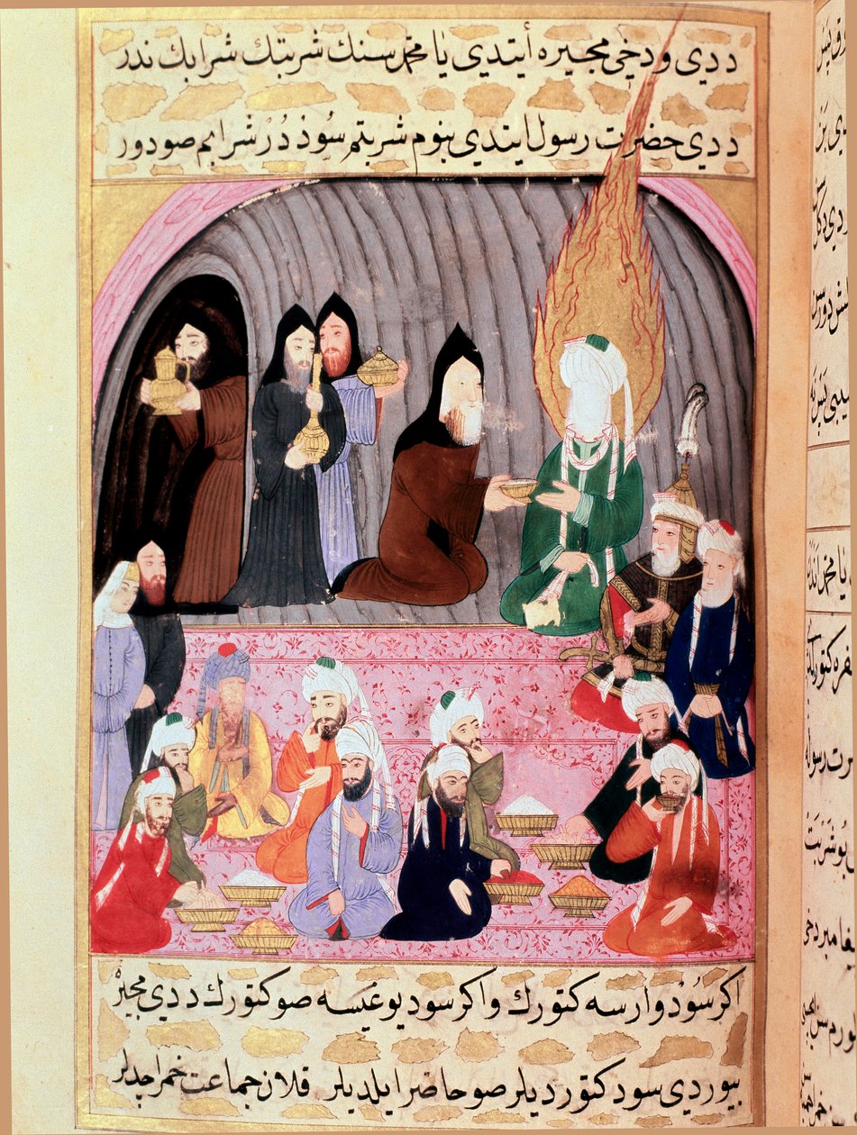Prorok Muhammad (Muhammad lub Muhammad) (570-632) (zakryta twarz) w podróży do Syrii jest witany przez chrześcijańskich mnichów, którzy podają mu turecką miniaturę posiłku z XVIII wieku. Muzeum Topkapi, Stambuł, Turcja autorstwa Turkish School