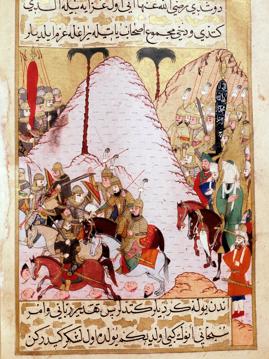 Prorok Muhammad (Muhammad lub Muhammad) (570-632) (zakryta twarz) podczas oblężenia Mekki Turecka Miniatura XVIII-wiecznego Pałacu Topkapi Stambuł Turcja autorstwa Turkish School