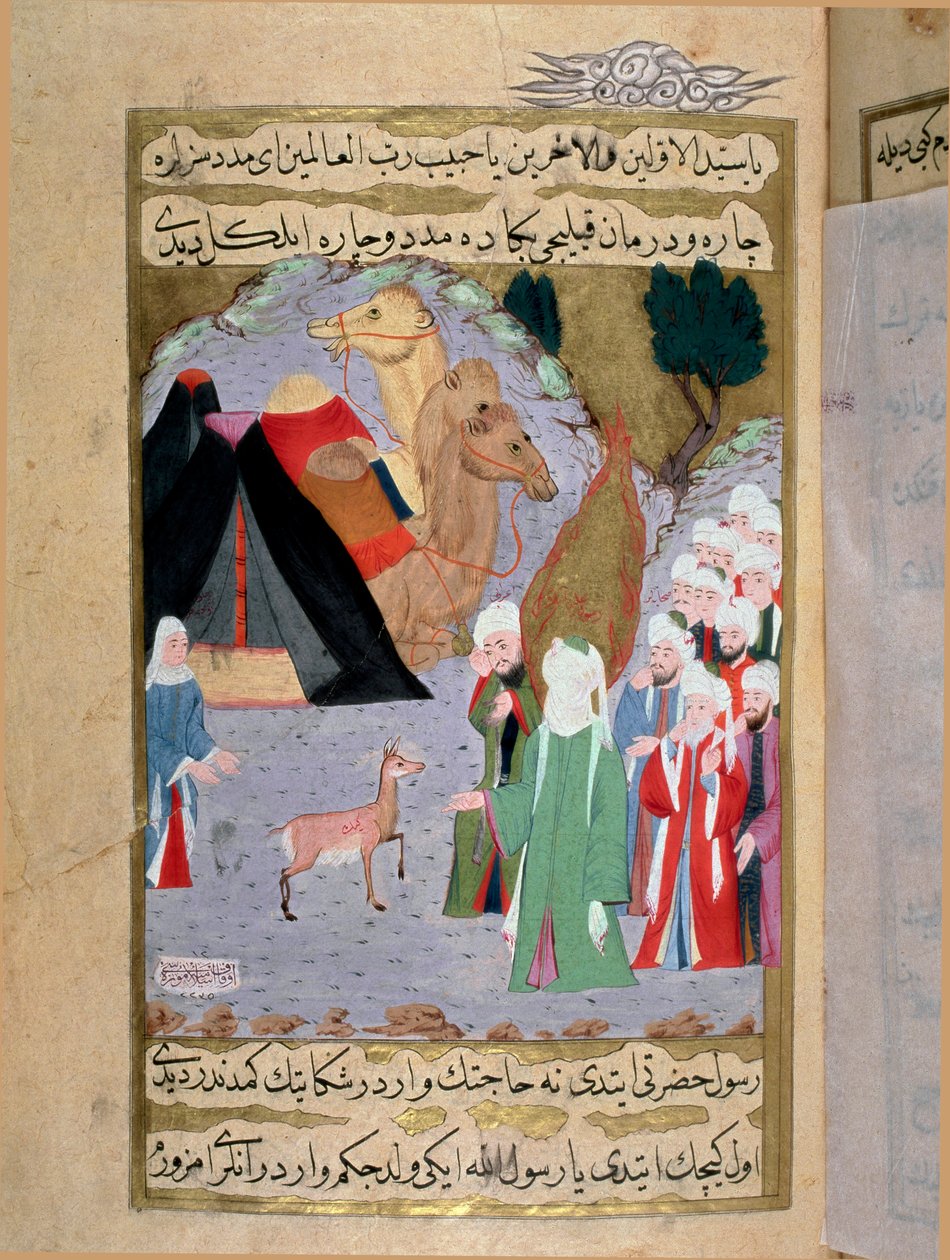 Prorok Muhammad (Mahomet lub Muhammad) (570-632) słucha płaczu miniaturowej łani z tureckiego rękopisu napisanego przez Erzeni, zilustrowanego przez Seyyida Suleimana Paszy, opowiadającego o życiu Mahometa w XVIII wieku. Stambuł, sztuka turecko-islamska autorstwa Turkish School