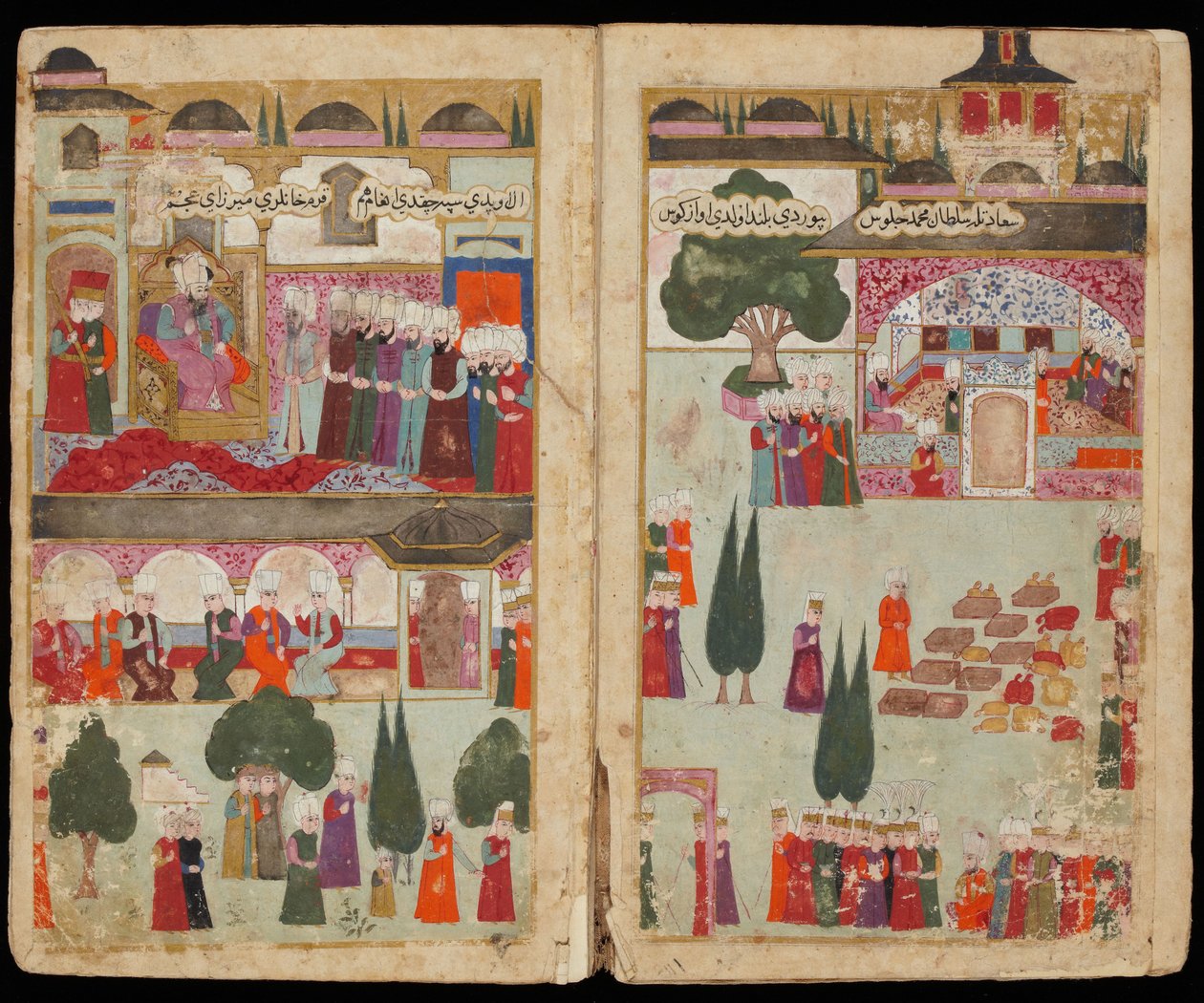 Koronacja Mehmeda III w Pałacu Topkapi w 1595 r. Z rękopisu Kampania Mehmeda III w Węgrach autorstwa Turkish master