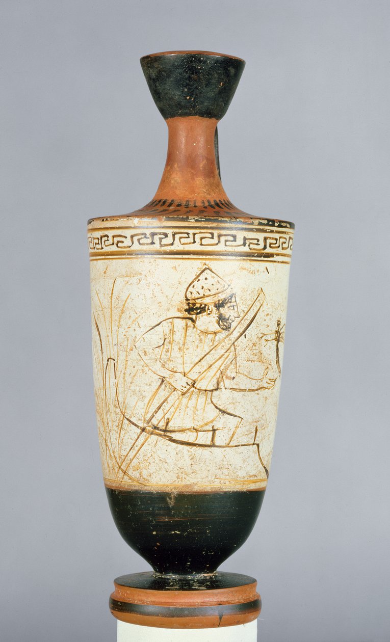 Strychowy lekythos na białym tle ozdobiony Charonem, przewoźnikiem Zaświatów odbierającym duszę zmarłego, z Aten, ok. 475-425 pne (ceramika) autorstwa Tymbos Painter