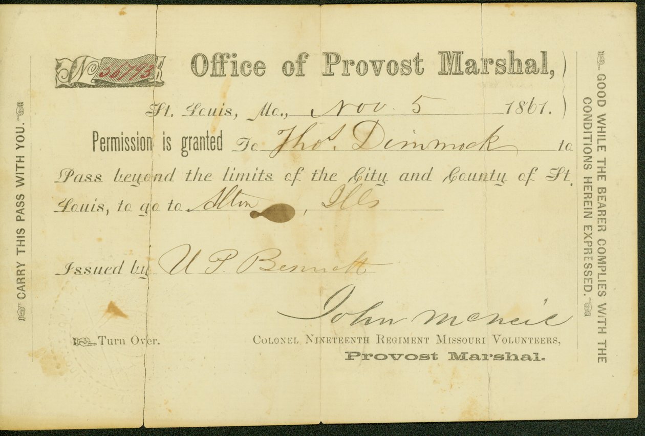 Przepustka wojskowa Thomasa Dimmock, podpisana przez UP Bennetta, 5 listopada 1861 r autorstwa U. P. Bennett