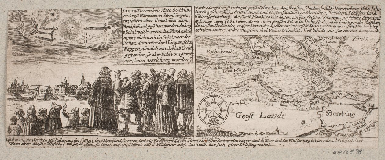 Kometa, która pojawiła się w Grossvardein, Sibenbürgen, 14 grudnia 1660, a także mapa własna w pobliżu Hamburga podczas fali sztormowej 4 stycznia 1661 autorstwa Ubekendt