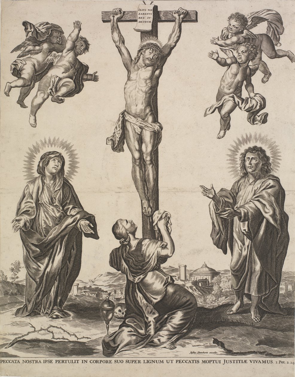 Chrystus na krzyżu, z Dziewicą, Marią Magdaleną i Św. Janem i czterema aniołami autorstwa Ubekendt KKSgb5444