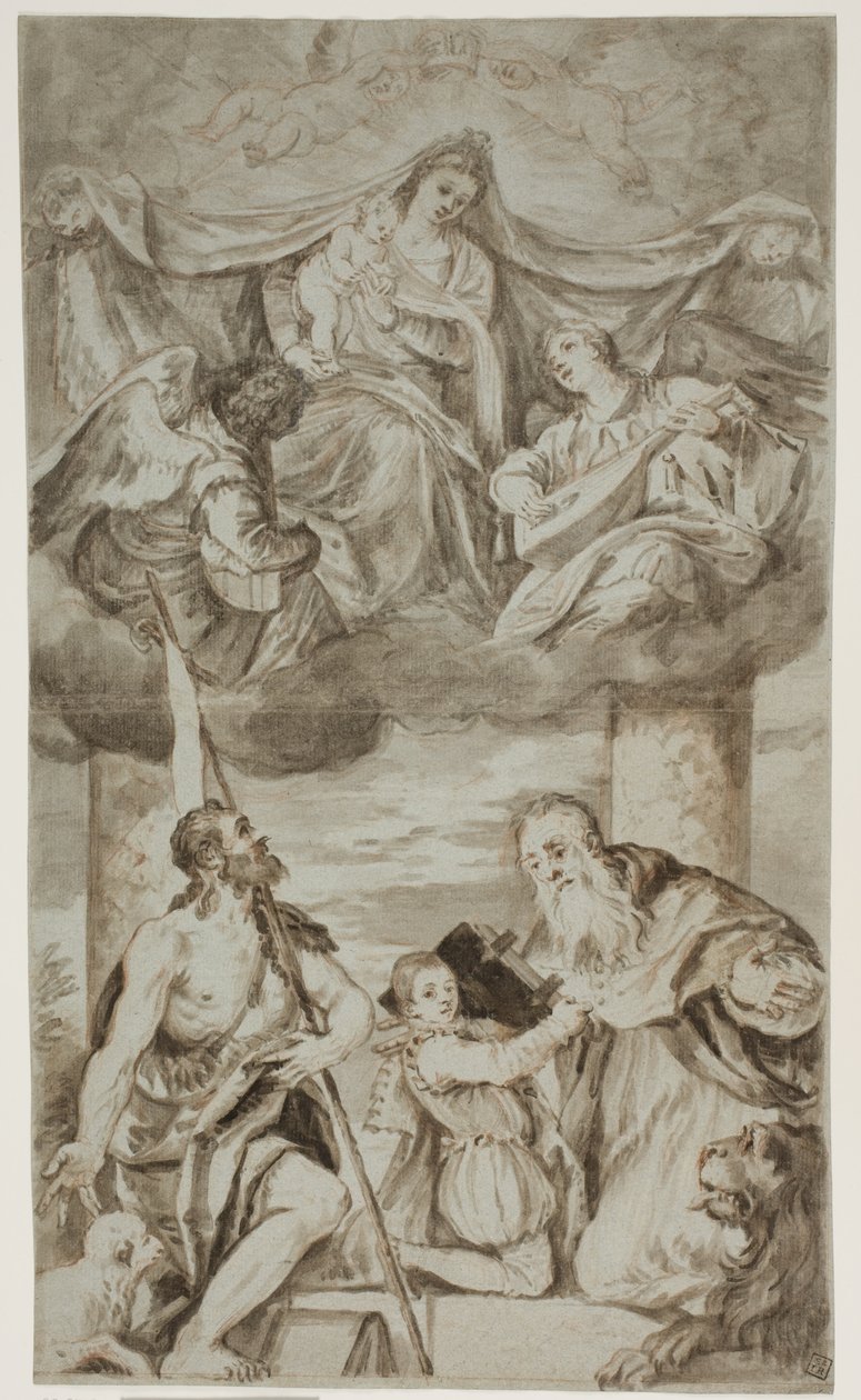 Dziewica z Dzieciątkiem wśród aniołów w obłokach ze św. Janem Chrzcicielem i Hieronimem, wg obrazu Paolo Veronese dawniej w S. Francesco della Vigna, Wenecja autorstwa Ubekendt Ubekendt