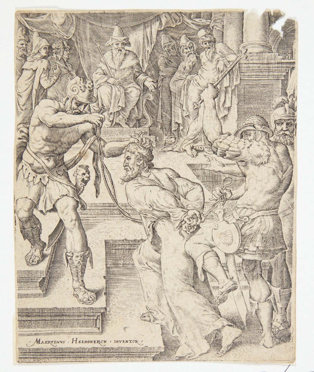 Chrystus przed Kajfaszem autorstwa Ubekendt efter Dirck Volckertsz. Coornhert efter Maarten van Heemskerck