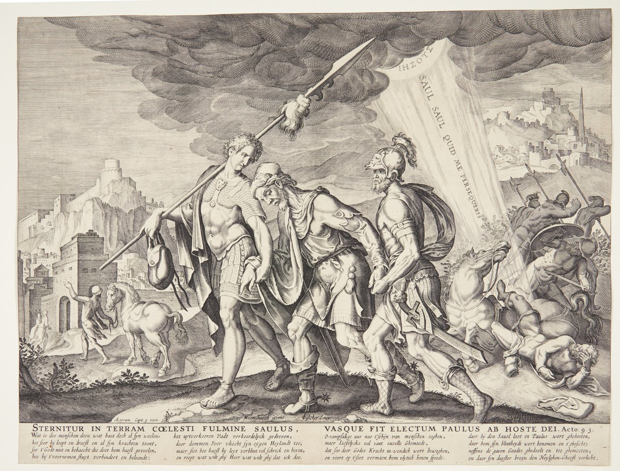 Ślepy Saul poprowadził do Damaszku autorstwa Ubekendt efter Philips Galle efter forlæg af Maarten van Heemskerck