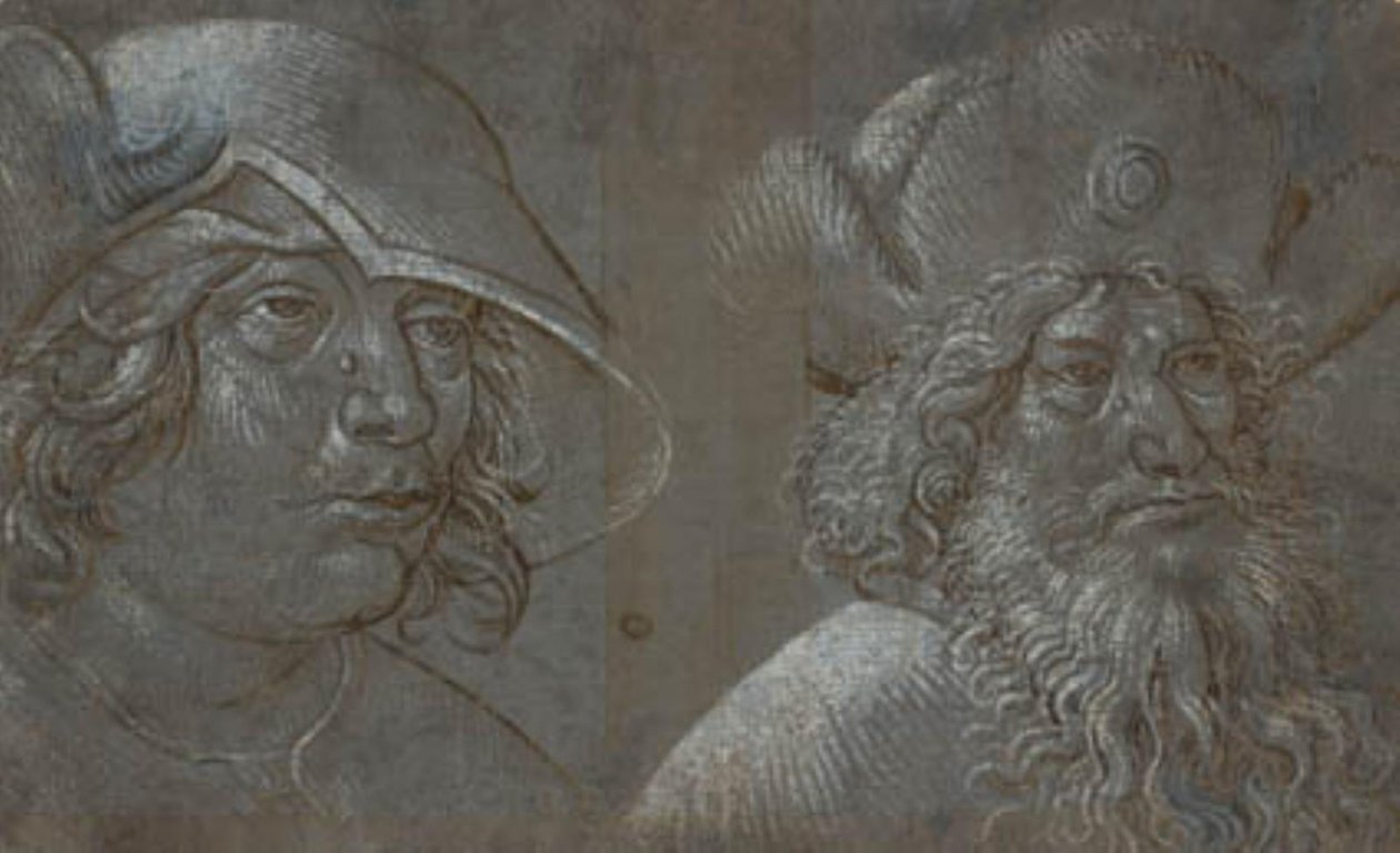 Głowy dwóch mężczyzn w profilu trzy czwarte po prawej stronie, obaj w efektownych kapeluszach. autorstwa Ubekendt tysk nederlandsk ca. 1500