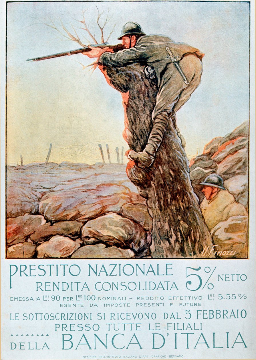 Pierwsza wojna światowa: włoski plakat zachęcający do zaciągania pożyczek narodowych. Ilustracja autorstwa Ugo Finozzi (XX w.). 1914-1918 Uwaga! Korzystanie z tej pracy może być uzależnione od złożenia wniosku o udzielenie zezwolenia osobie trzeciej lub od autorstwa Ugo Finozzi