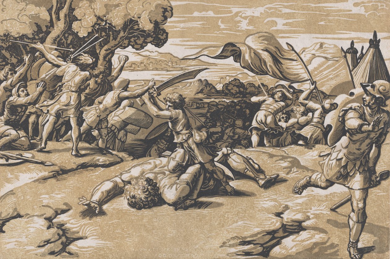Dawid i Goliat, ca. 1520-27. autorstwa Ugo da Carpi