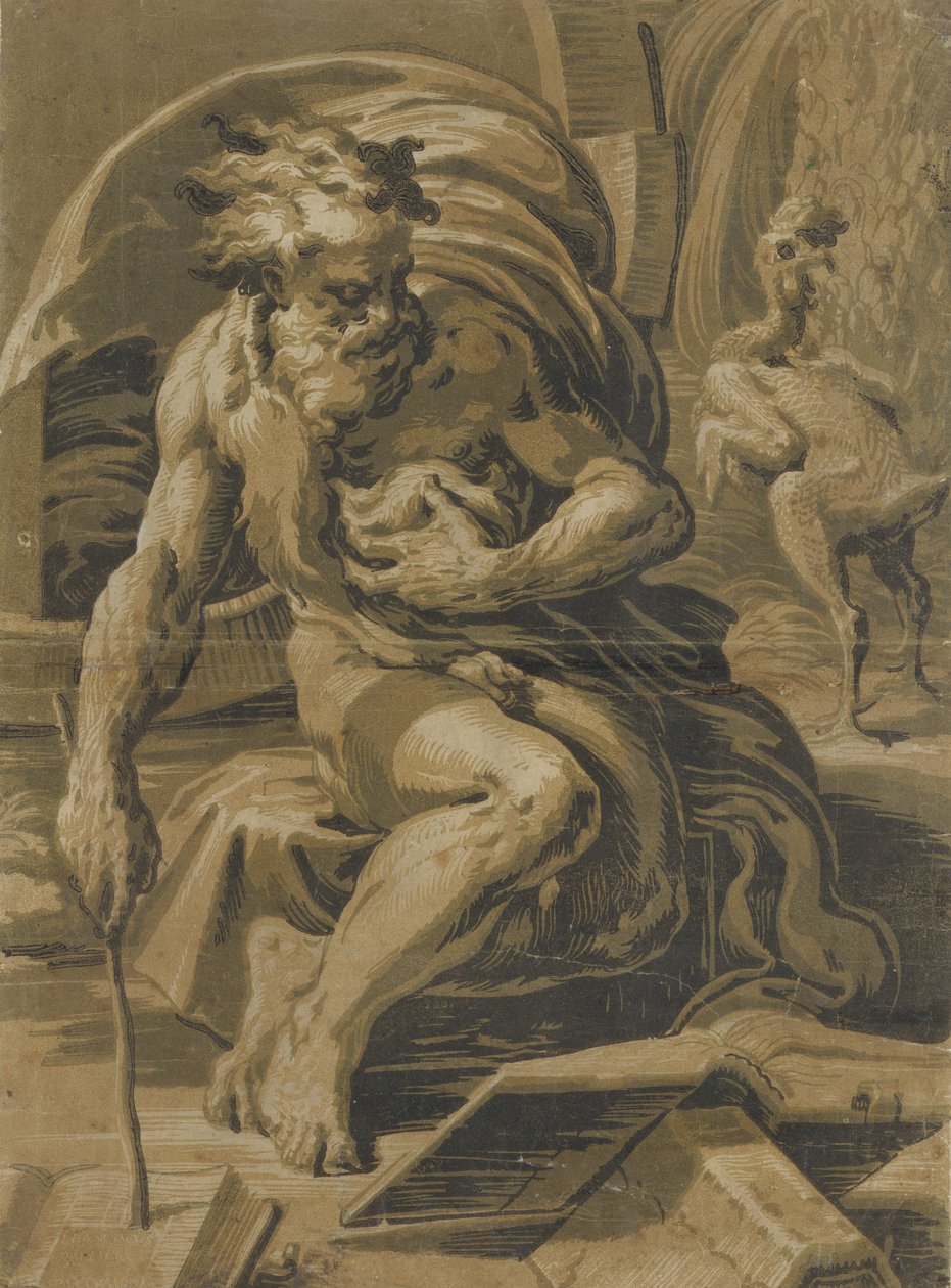 Diogenes, siedzący przed beczką, czytający z książki, oskubana kura stojąca za..., ca. 1527-30. autorstwa Ugo da Carpi