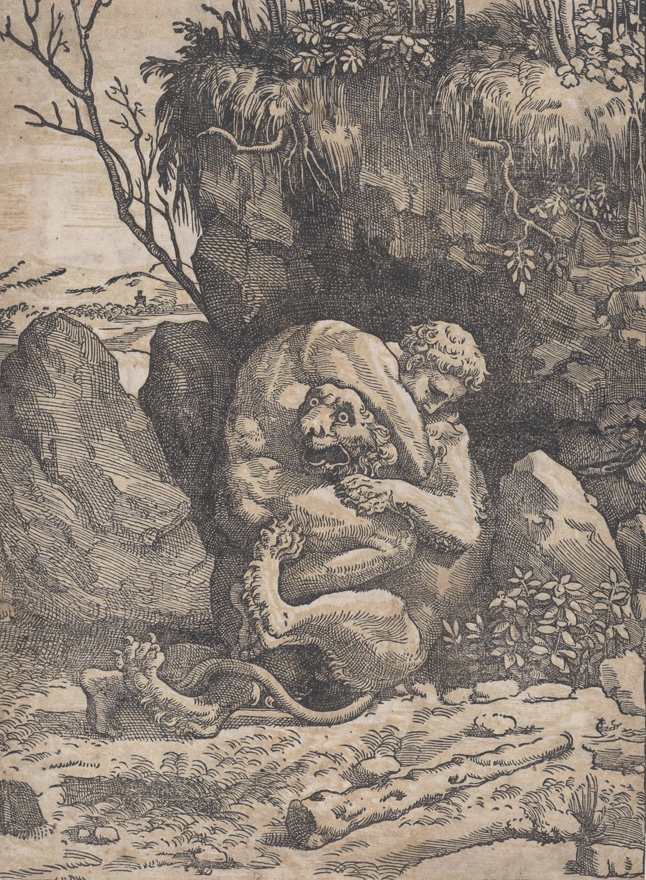 Herkules i lew nemejski, ca. 1517-18. autorstwa Ugo da Carpi