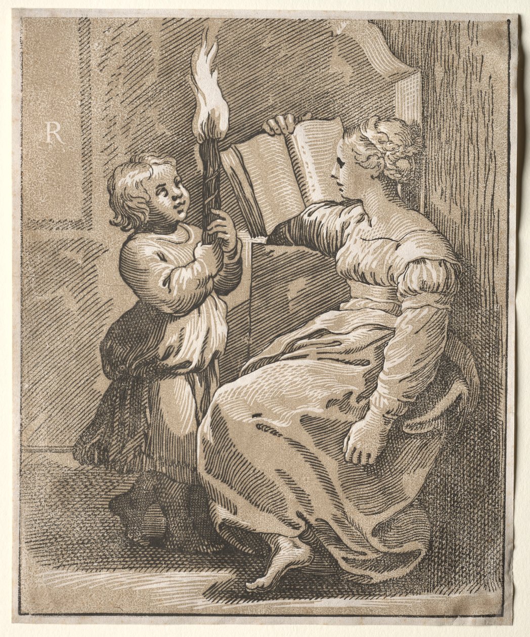 Czytanie Sybilli z dzieckiem trzymającym pochodnię, 1518-27. autorstwa Ugo da Carpi
