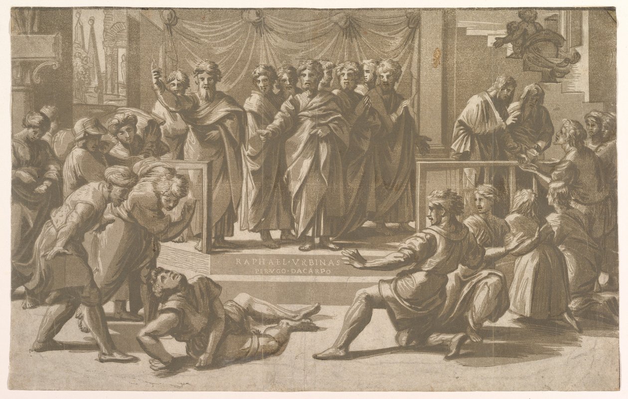 Śmierć Ananiasza w otoczeniu Apostołów, 1518. autorstwa Ugo da Carpi