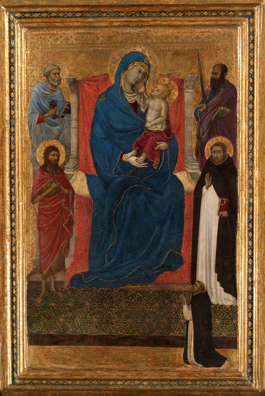 Dziewica z Dzieciątkiem na tronie ze świętymi Piotrem, Pawłem, Janem Chrzcicielem oraz Dominikiem i dominikaninem... autorstwa Ugolino da Siena