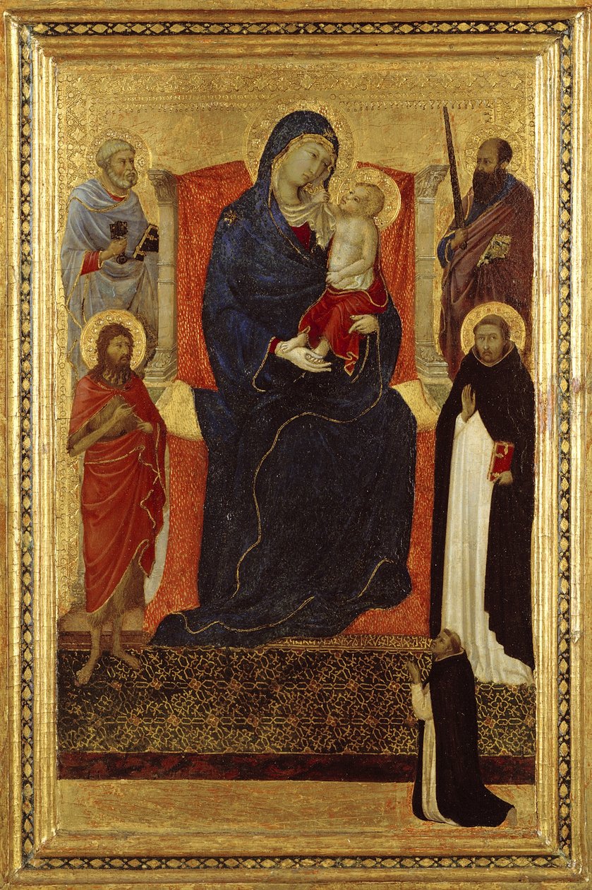 Dziewica z Dzieciątkiem na tronie ze świętymi Piotrem, Pawłem, Janem Chrzcicielem, Dominikiem i ofiarodawcą, 1325-35 autorstwa Ugolino di Nerio