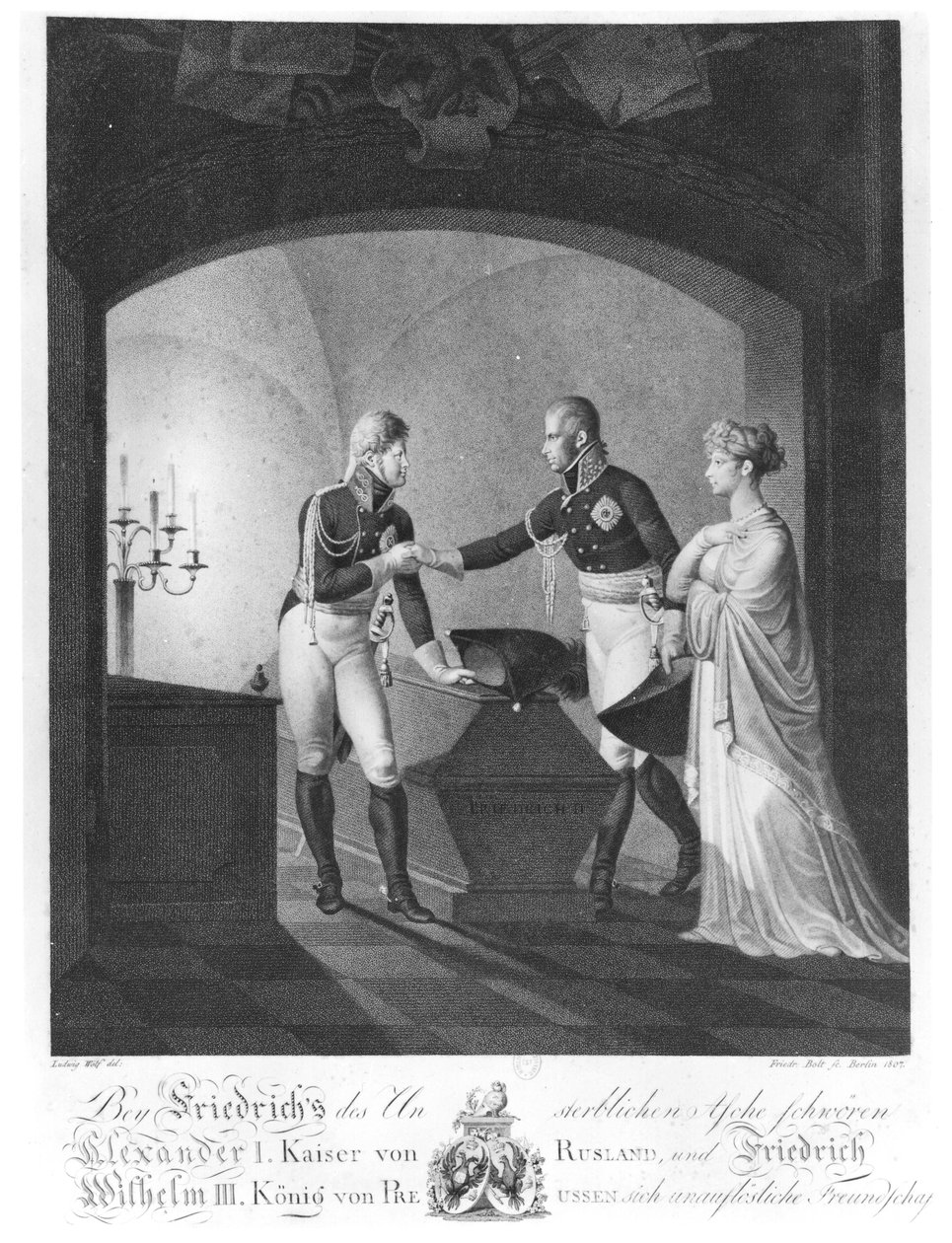 W pobliżu prochów pruskiego Fryderyka II Wielkiego (1712-86), cara Aleksandra I (1777-1825) i króla pruskiego Fryderyka Wilhelma III (1770-1840) przysięgających nieśmiertelną przyjaźń, nocą pod Poczdamem autorstwa Ulrich Ludwig Wolf