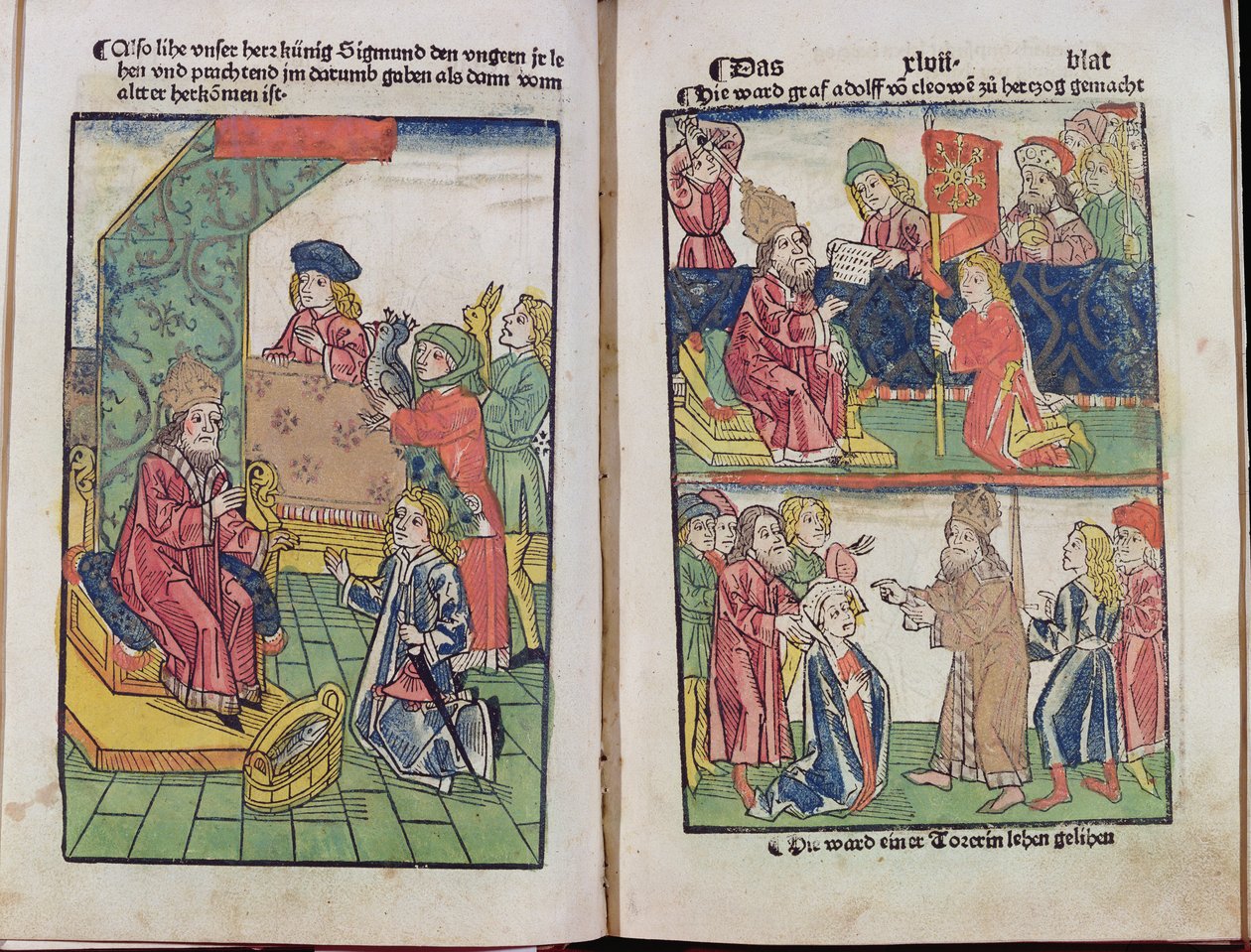 Cesarz Zygmunt (1367-1437) Luksemburg otrzymuje hołd swoich węgierskich poddanych, 1483, (kolorowy drzeworyt) (patrz także 336923) autorstwa Ulrich von Richental
