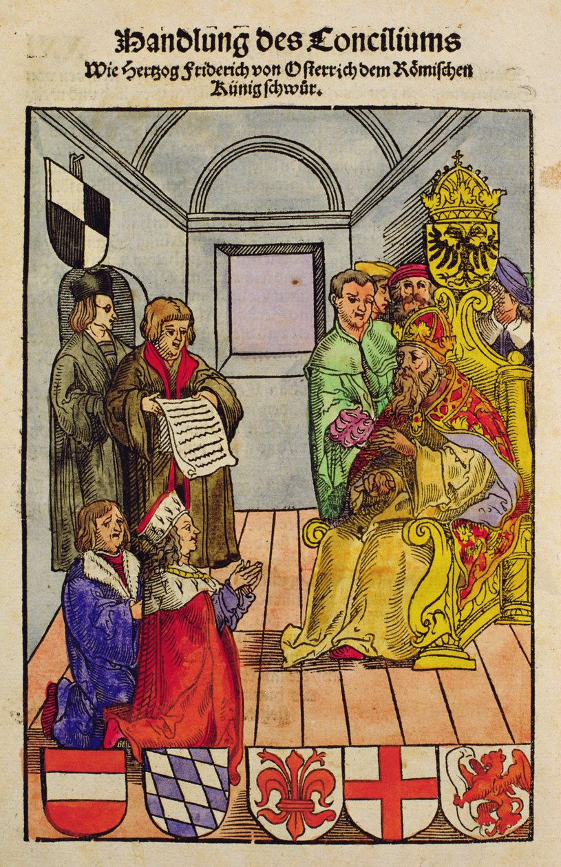 Fryderyk IV, książę Austrii, deklarujący swoją wierność cesarzowi na soborze w Konstancji, z „Chronik des Konzils von Konstanz” autorstwa Ulrich von Richental