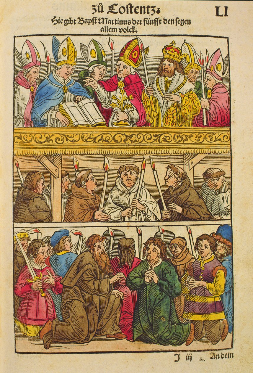 Marcin V zostaje wybrany na papieża i błogosławi lud na soborze w Konstancji, 1417, z „Chronik des Konzils von Konstanz” autorstwa Ulrich von Richental