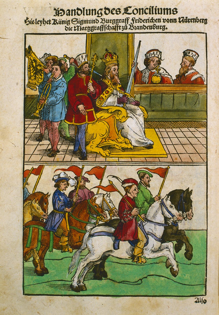 Zygmunt na soborze w Konstancji, z „Chronik des Konzils von Konstanz” (pióro i atrament na papierze) autorstwa Ulrich von Richental