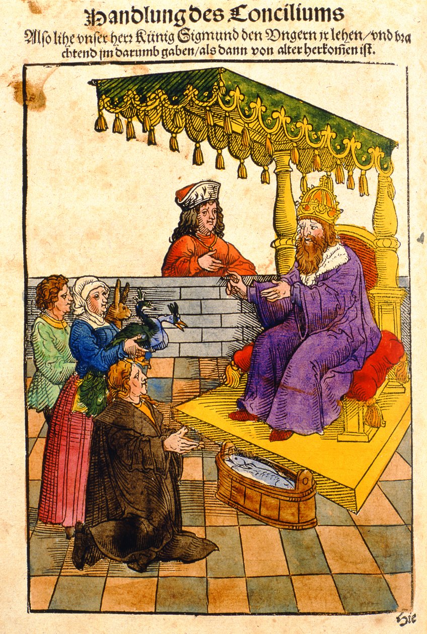 Zygmunt wykonuje swoje obowiązki feudalne na soborze w Konstancji, z "Chronik des Konzils von Konstanz". autorstwa Ulrich von Richental