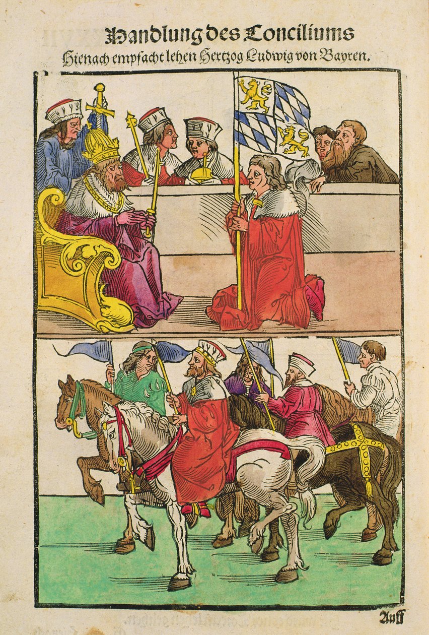Książę Bawarii otrzymuje prawa feudalne od cesarza na soborze w Konstancji, od „Chronik des Konzils von Konstanz” autorstwa Ulrich von Richental