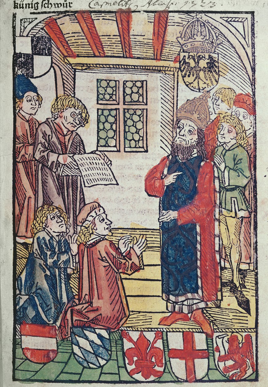 Król Rzymian, Zygmunt Luksemburski, przyjmuje hołd księcia Fryderyka austriackiego, 1483, (kolorowy drzeworyt) (patrz także 316982 i 336923) autorstwa Ulrich von Richental