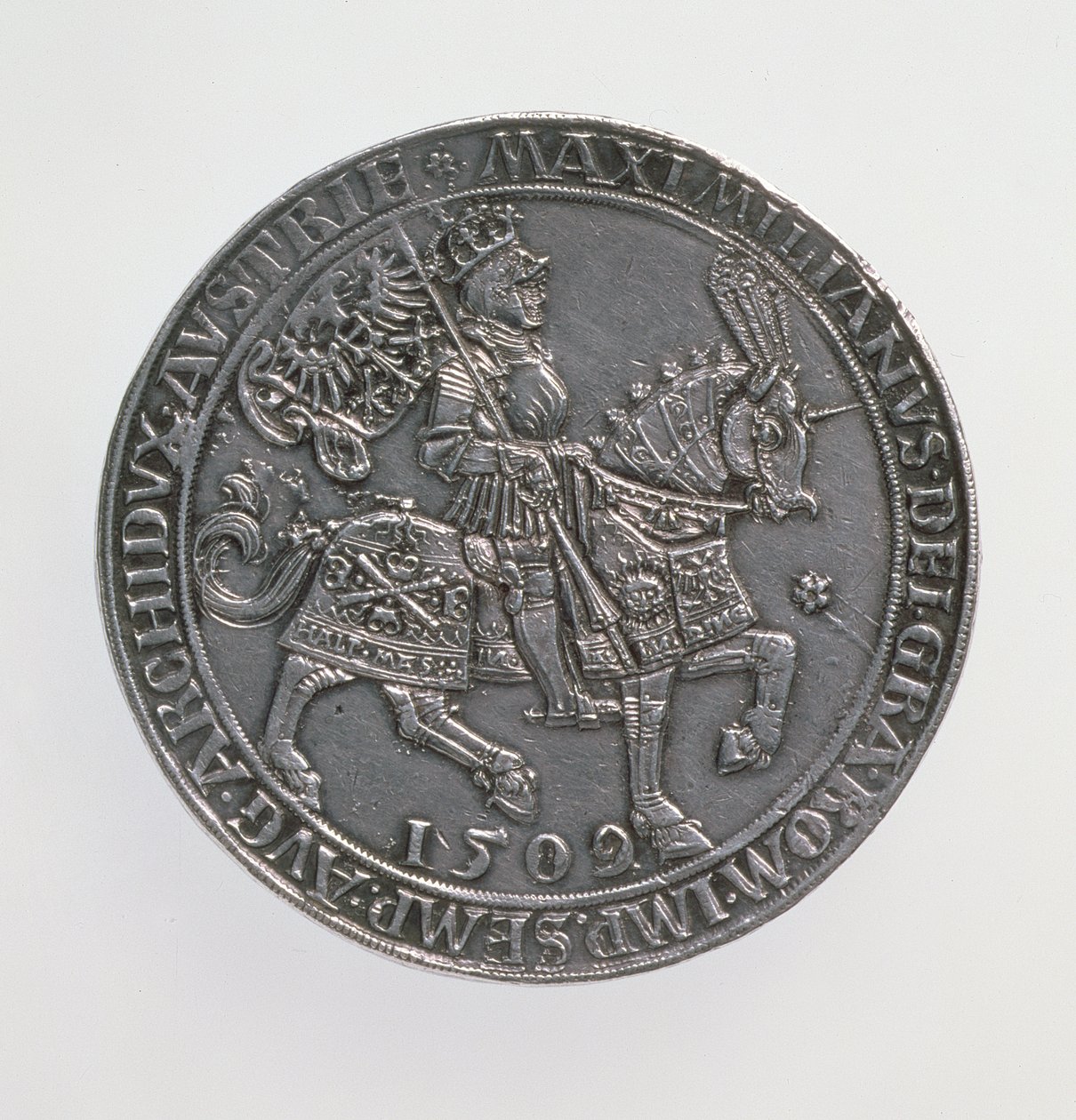 Kronungsdoppelguildiner (podwójny gulden) cesarza Maksymiliana I (1493-1519), Mennica Antwerpska, wznowienie monety 1509, 1517 (awers) (srebro) (odwrotność patrz 168075) autorstwa Ulrich Ursentaler