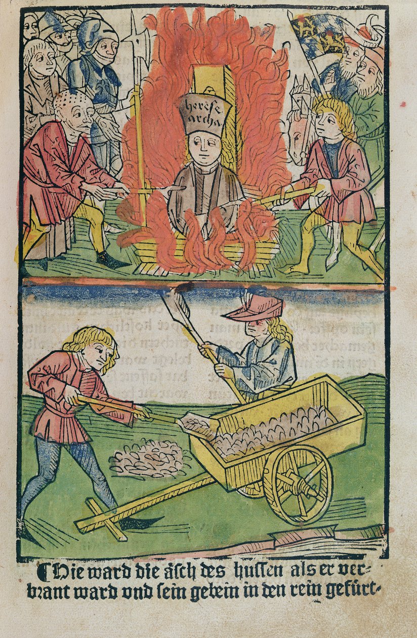 Jan Hus spalony na stosie na soborze w Konstancji, z „Historii soboru w Konstancji”, wyd. 1483 autorstwa Ulrich von Richental