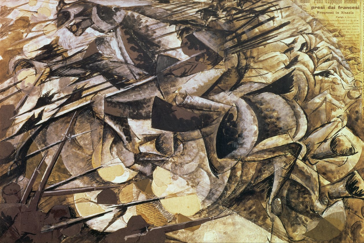 Szarża ułanów, 1915 (kolaż) autorstwa Umberto Boccioni
